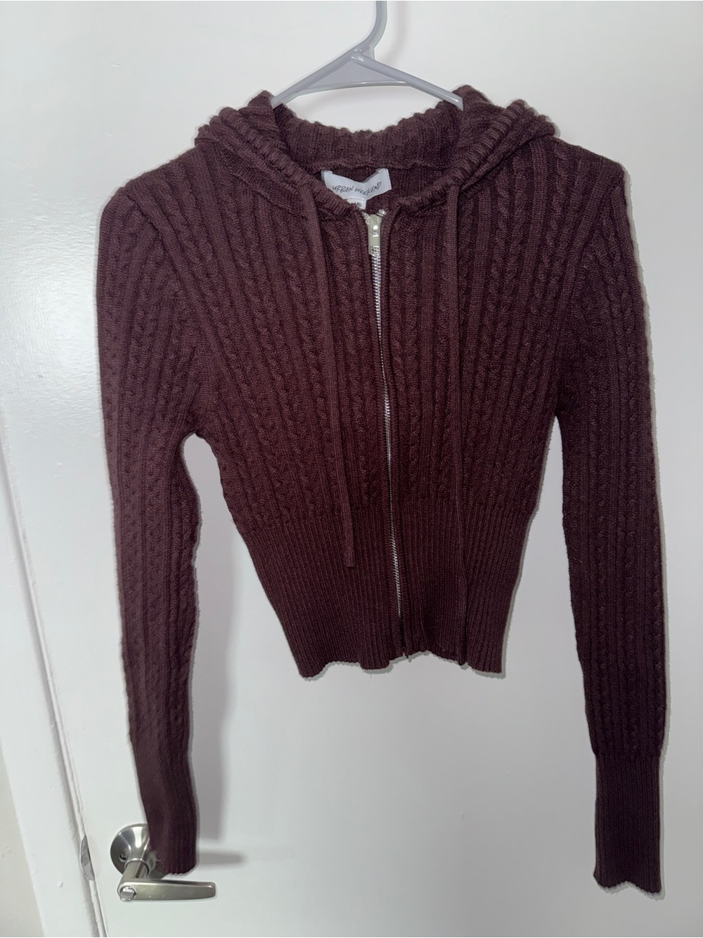 Cable-Knit Zip Hoodie Cardigan in Deep Plum